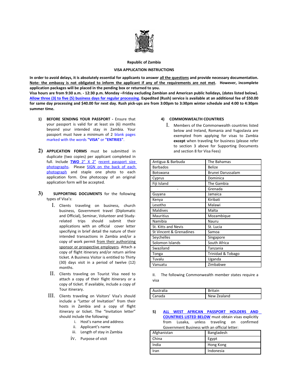 Zambia Visa Application Form - Embassy of the Republic of Zambia - Washington, D.C., Page 1