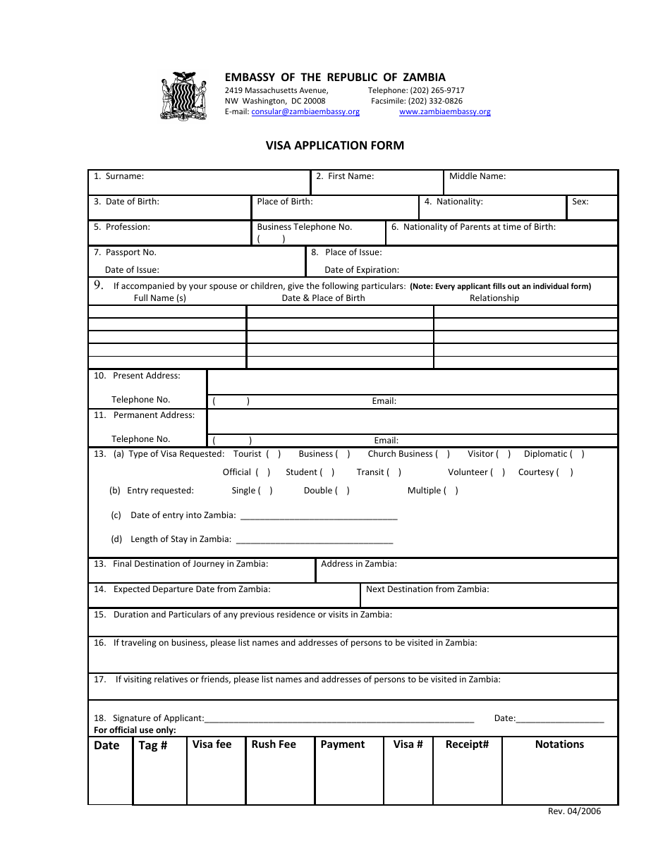 Washington, D.C. Zambia Visa Application Form - Embassy of the Republic