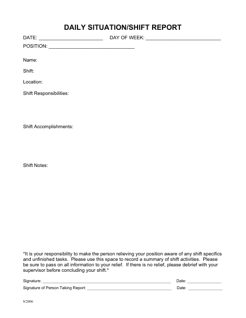 Daily Situation/Shift Report Form - North Carolina