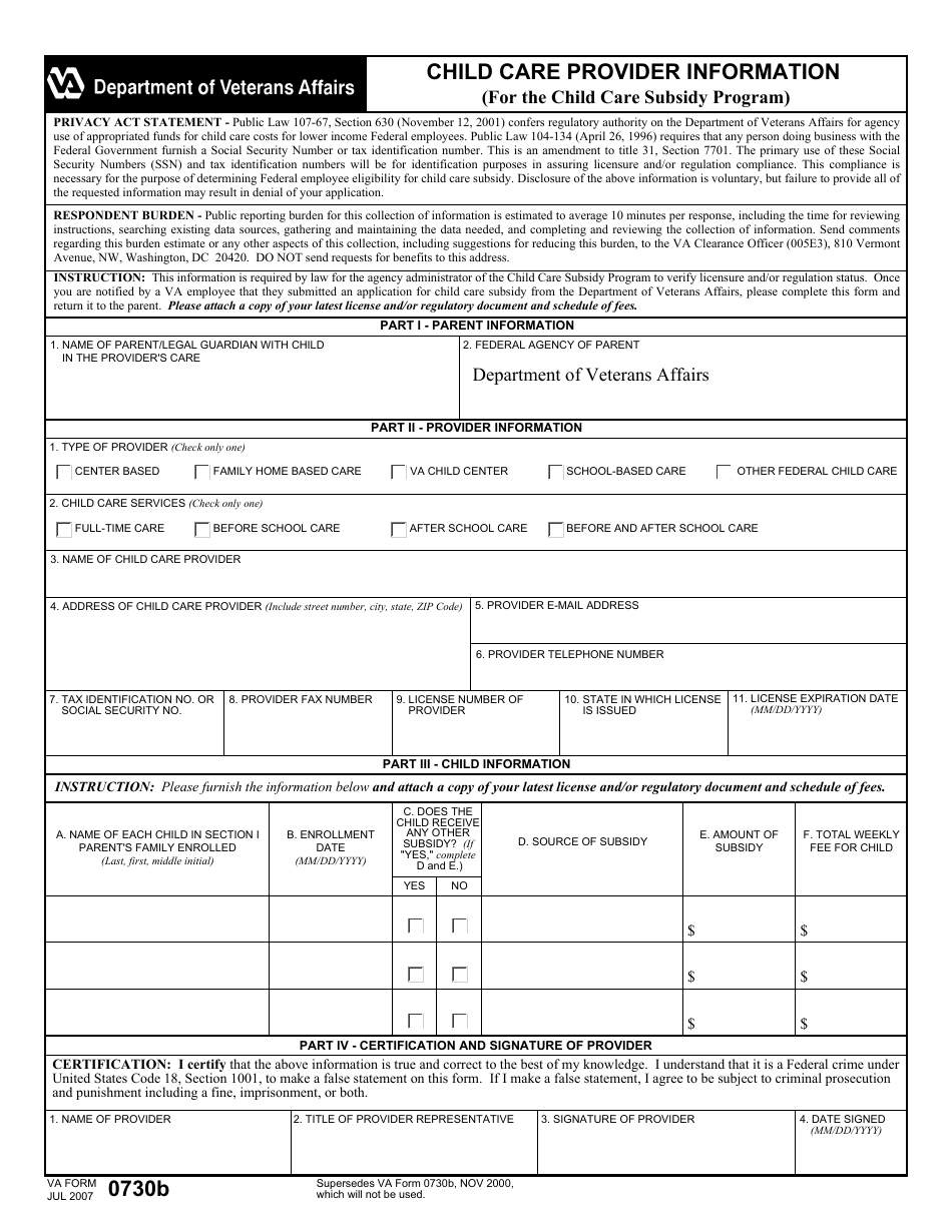 VA Form 0730b Child Care Provider Information, Page 1