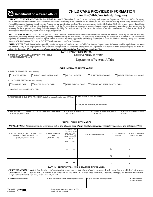 VA Form 0730b Child Care Provider Information