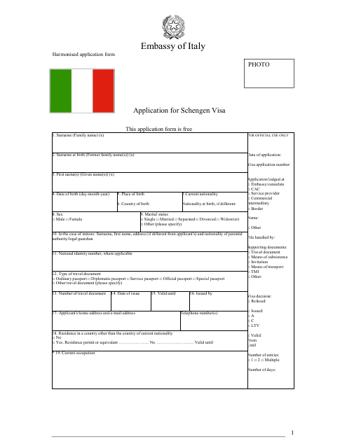 Italian Application for Schengen Visa - Embassy of Italy Download Pdf