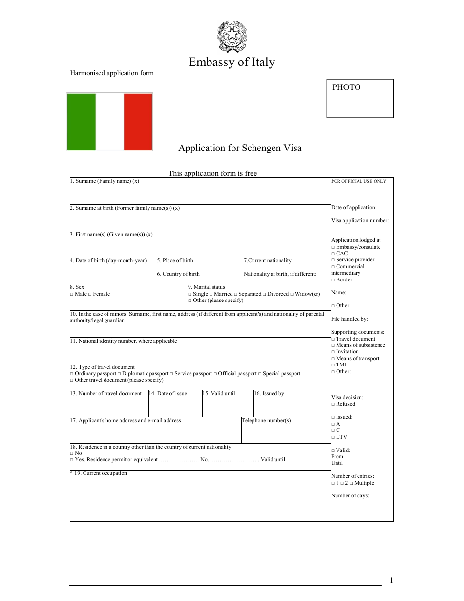 Italian Application For Schengen Visa - Embassy Of Italy - Fill Out ...