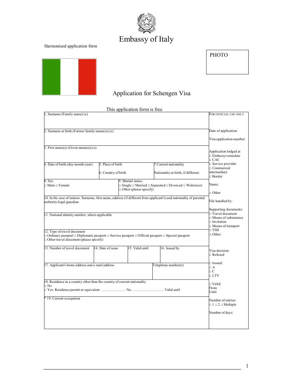 Italian Application for Schengen Visa - Embassy of Italy, Page 1