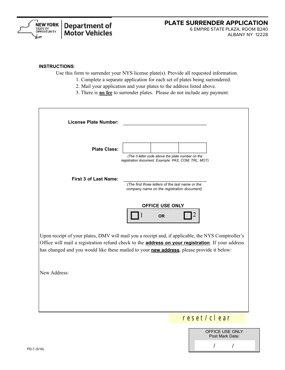 Form PD-7 Plate Surrender Application - New York, Page 1