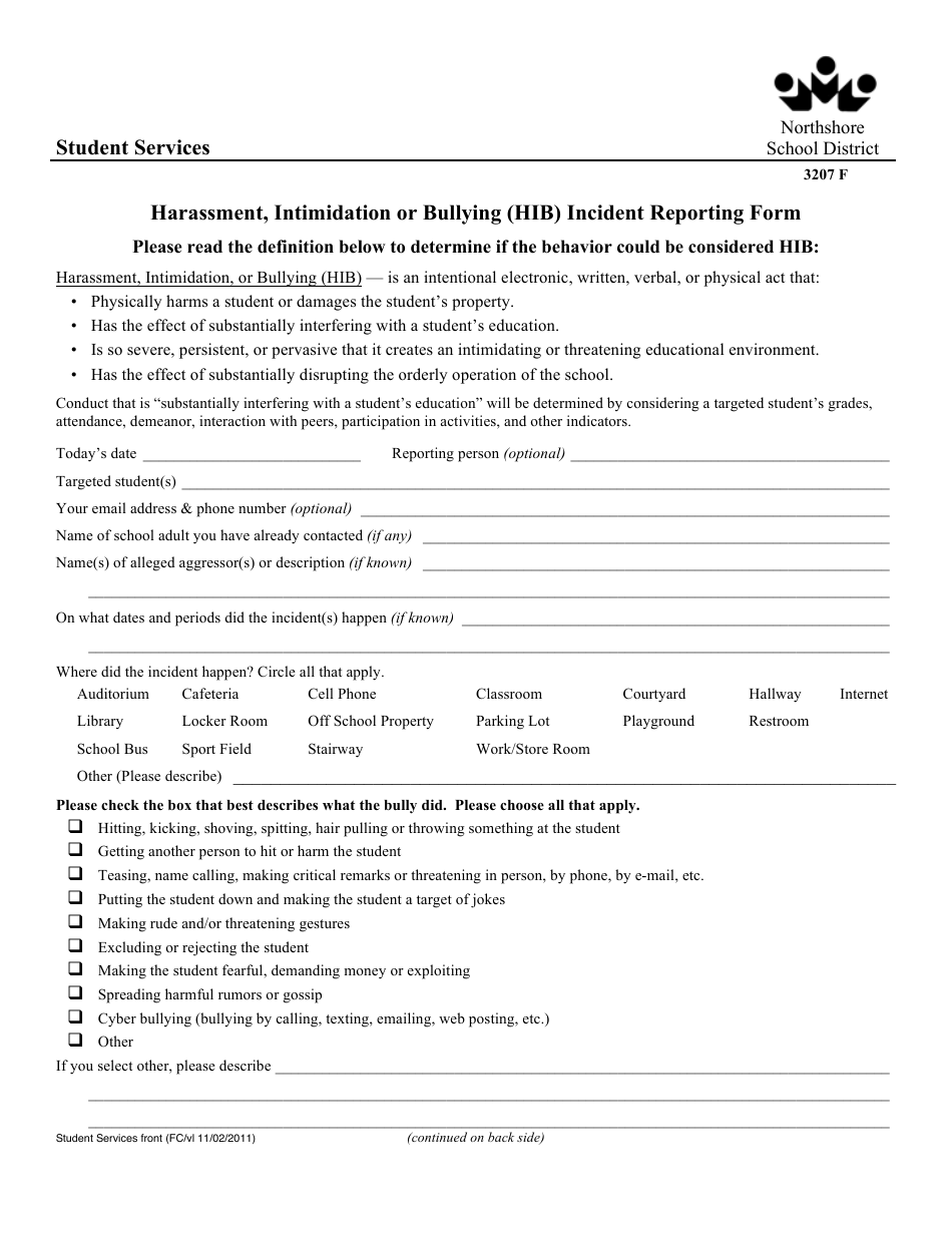 Harassment, Intimidation or Bullying (Hib) Incident Reporting Form - Northshore School District, Page 1