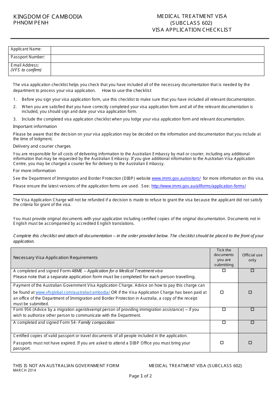 Penh Cambodia Visa Application Checklist - Australia Download Printable PDF | Templateroller