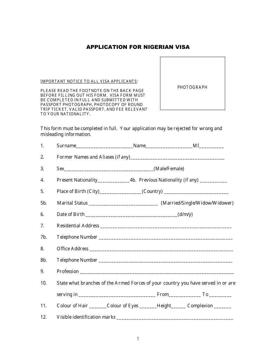 Application for Nigerian Visa - Embassy of the Federal Republic of Nigeria - Washington, D.C., Page 1