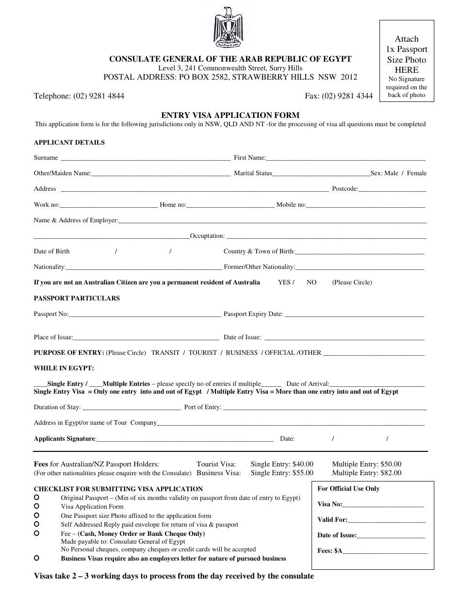 Egypt Entry Visa Application Form - Consulate General of the Arab Republic of Egypt - Surry Hills, New South Wales, Australia, Page 1