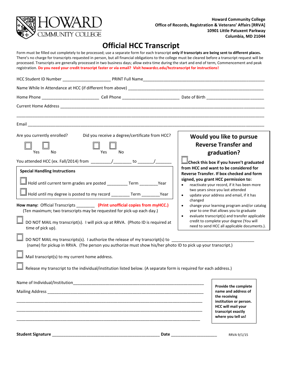 Transcript Request Form - Howard Community College, Page 1