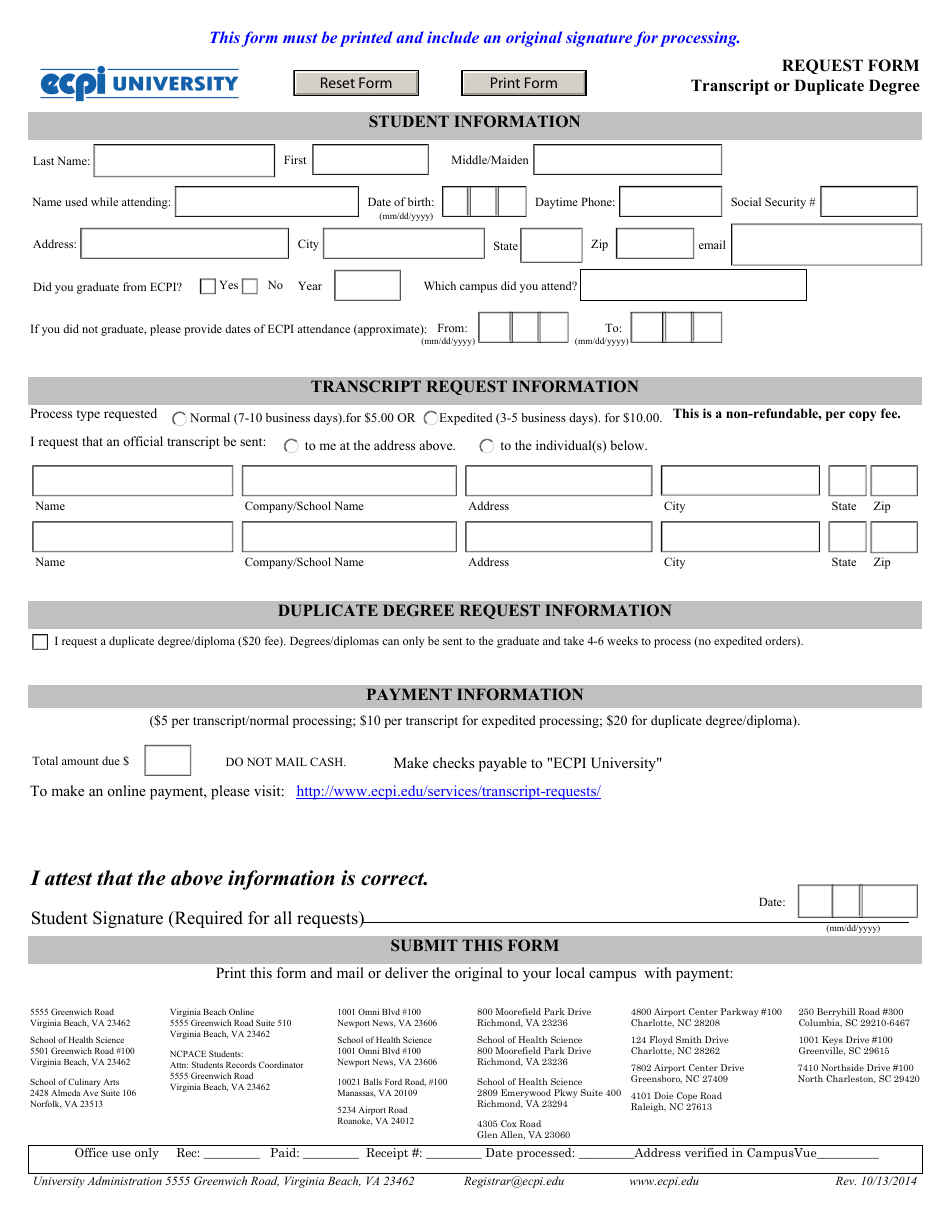 Transcript of Duplicate Degree Request Form - Ecpi University - Virginia, Page 1