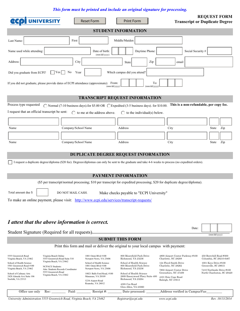 Virginia Transcript of Duplicate Degree Request Form - Ecpi University ...