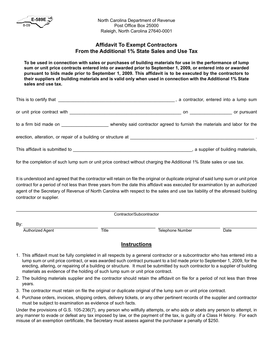 Form E-589E Affidavit to Exempt Contractors From the Additional 1% State Sales and Use Tax - North Carolina, Page 1