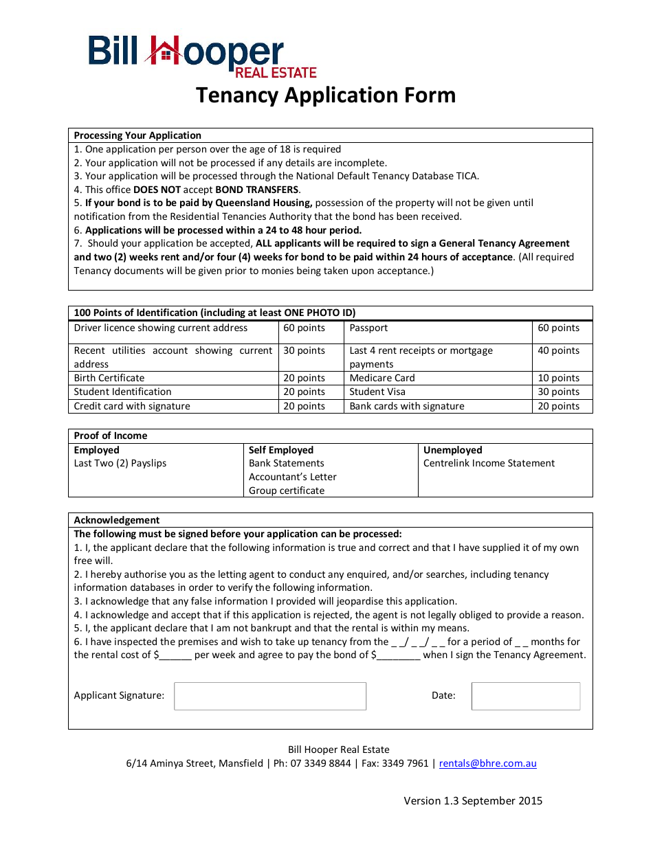 Tenancy Application Form - Bill Hooper Real Estate, Page 1