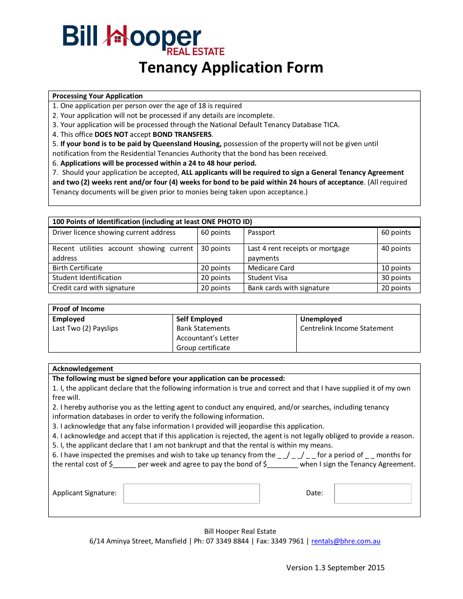 Tenancy Application Form Bill Hooper Real Estate Fill Out, Sign
