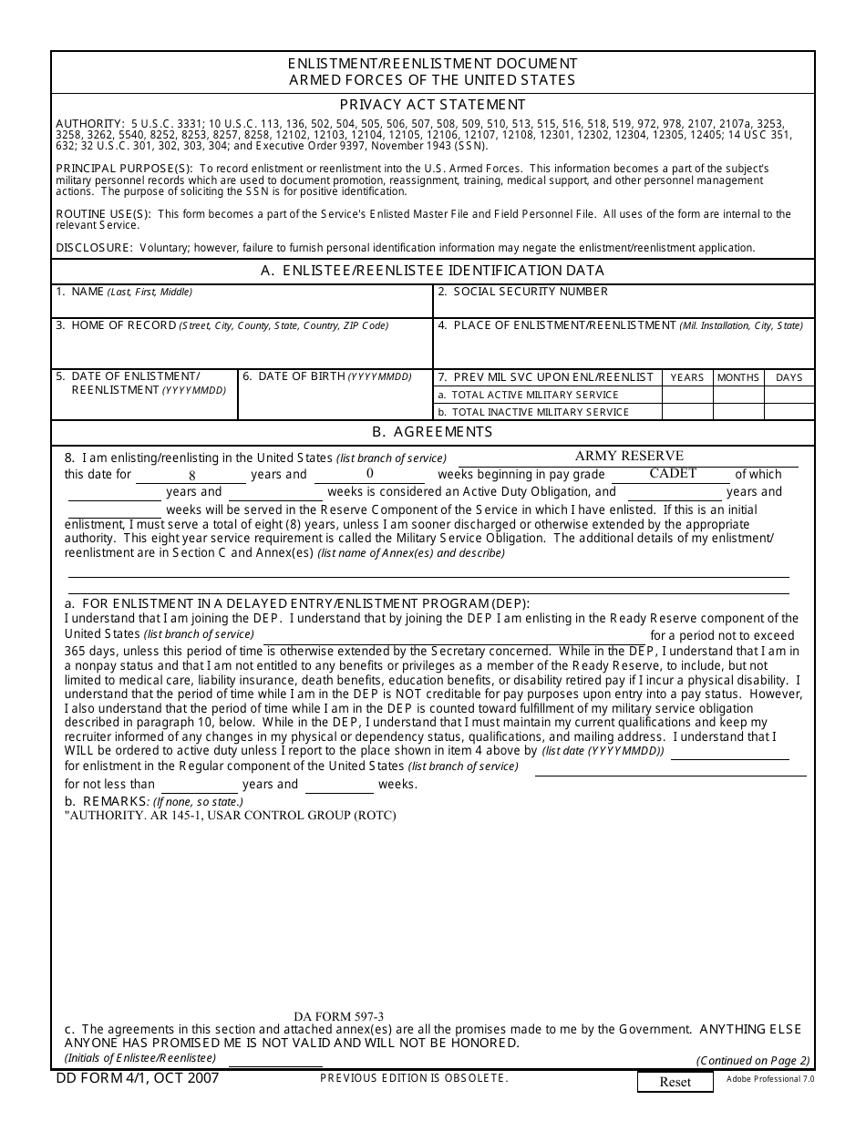 DD Form 4 - Fill Out, Sign Online and Download Fillable PDF ...