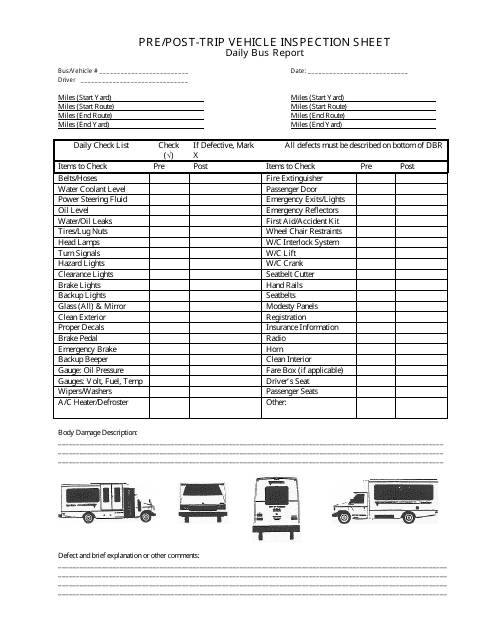 Pre Post Trip Vehicle Inspection Sheet Download Printable Pdf
