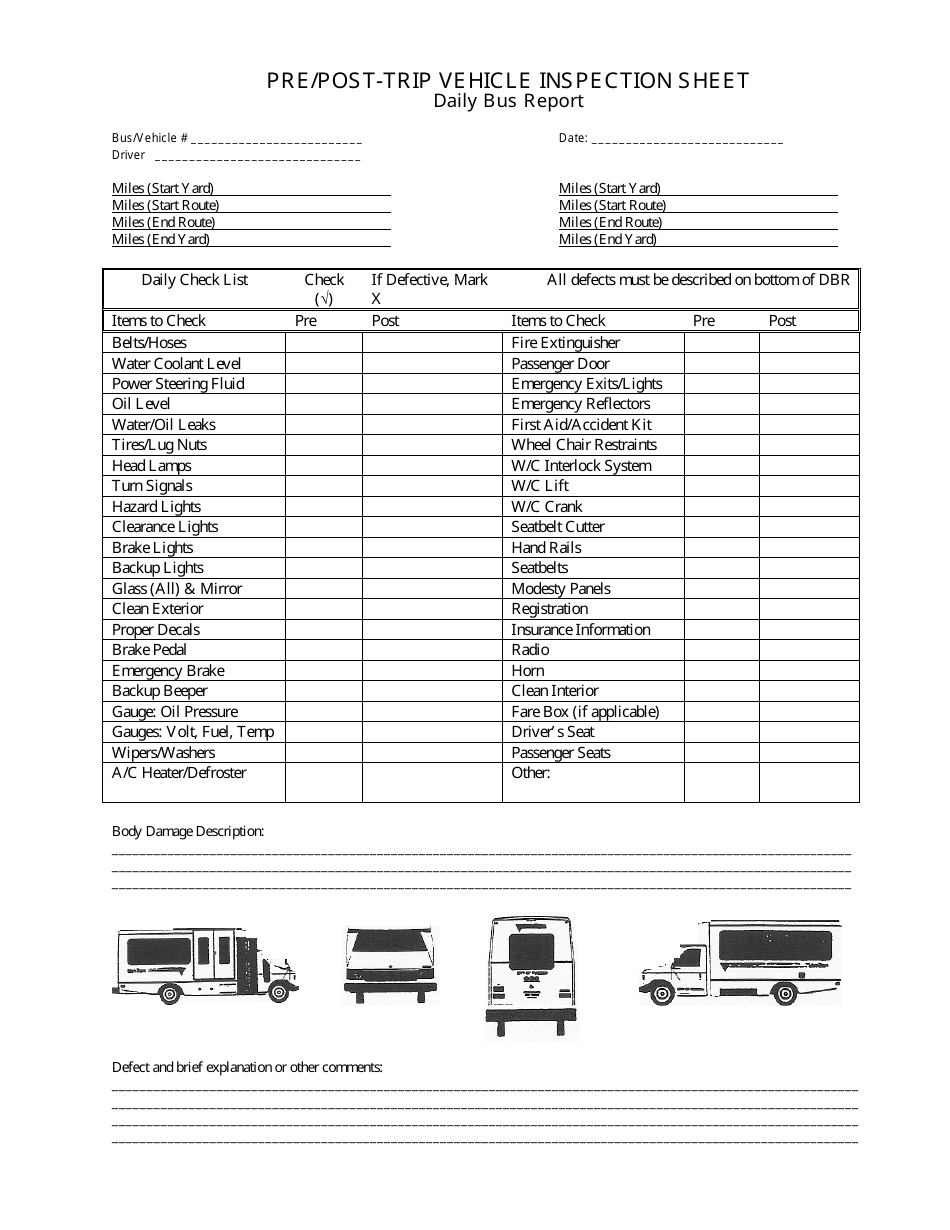 Pre/Post-trip Vehicle Inspection Sheet Download Printable PDF Pertaining To Vehicle Inspection Report Template