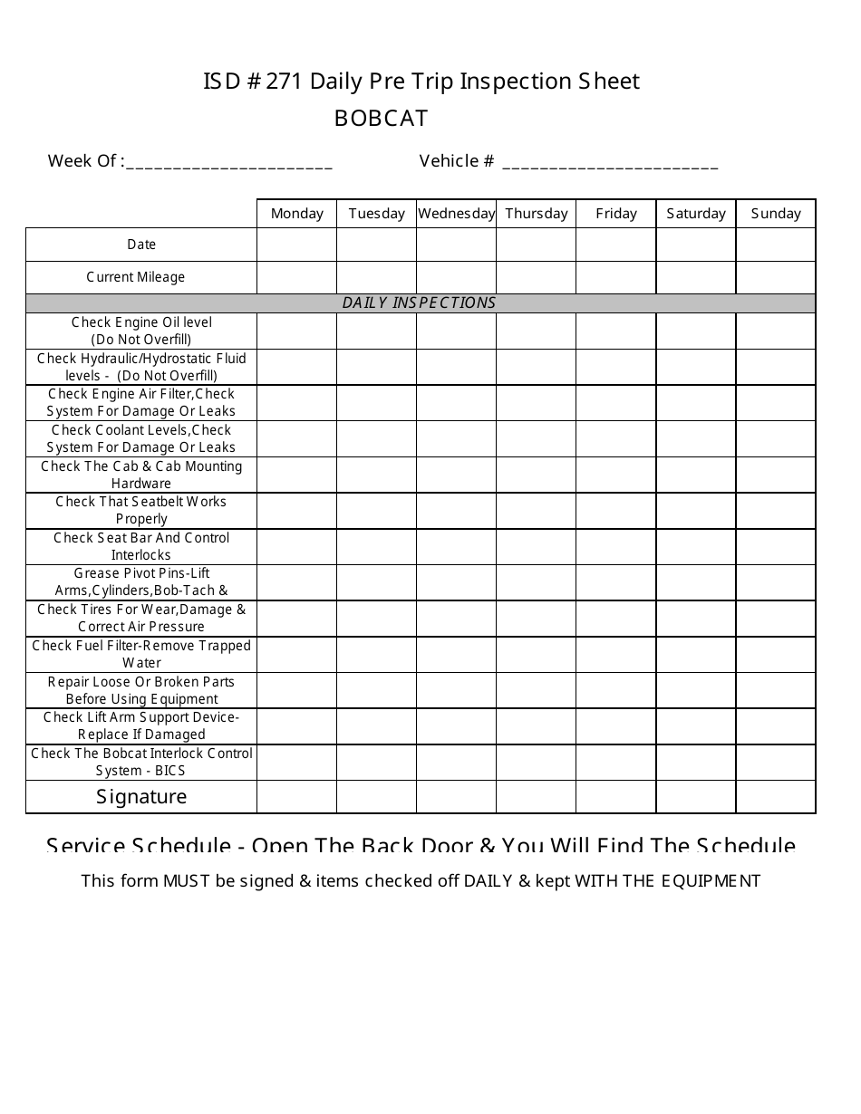 Daily Pre Trip Inspection Form for Bobcat Download Printable PDF