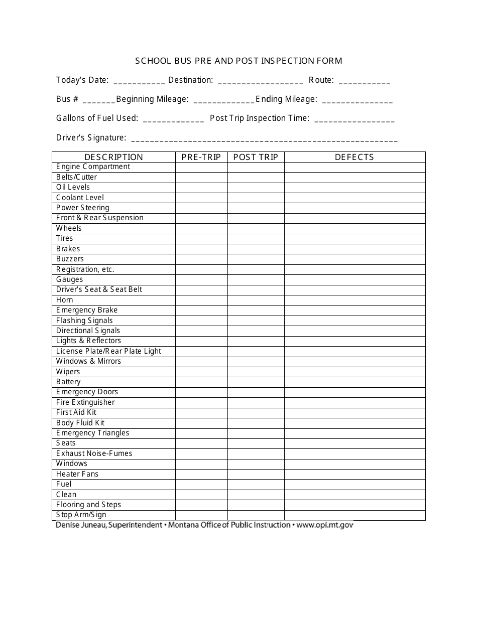 School Bus Pre and Post Inspection Form - Montana, Page 1