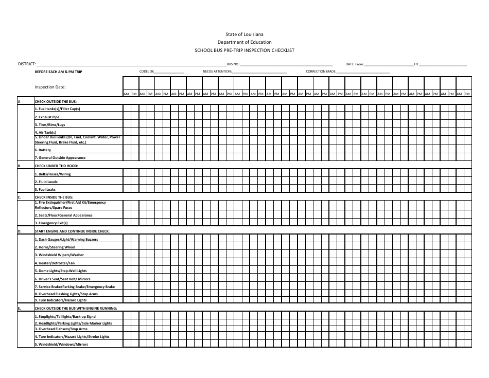 School Bus Pre-trip Inspection Checklist Template - Louisiana, Page 1