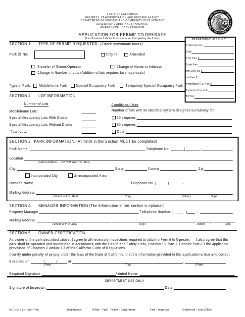 Form HCD500 Application for Permit to Operate - California