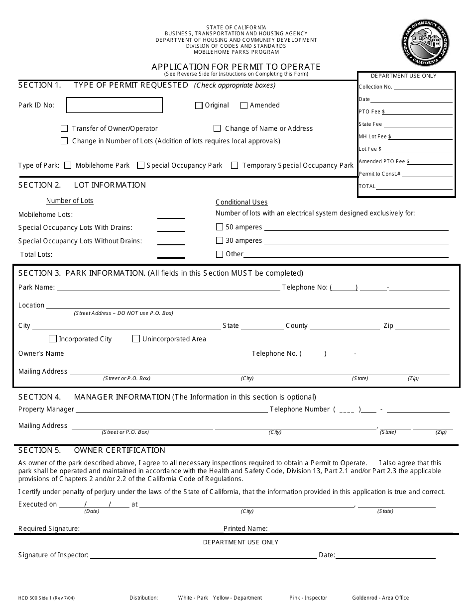 Form HCD500 Application for Permit to Operate - California, Page 1