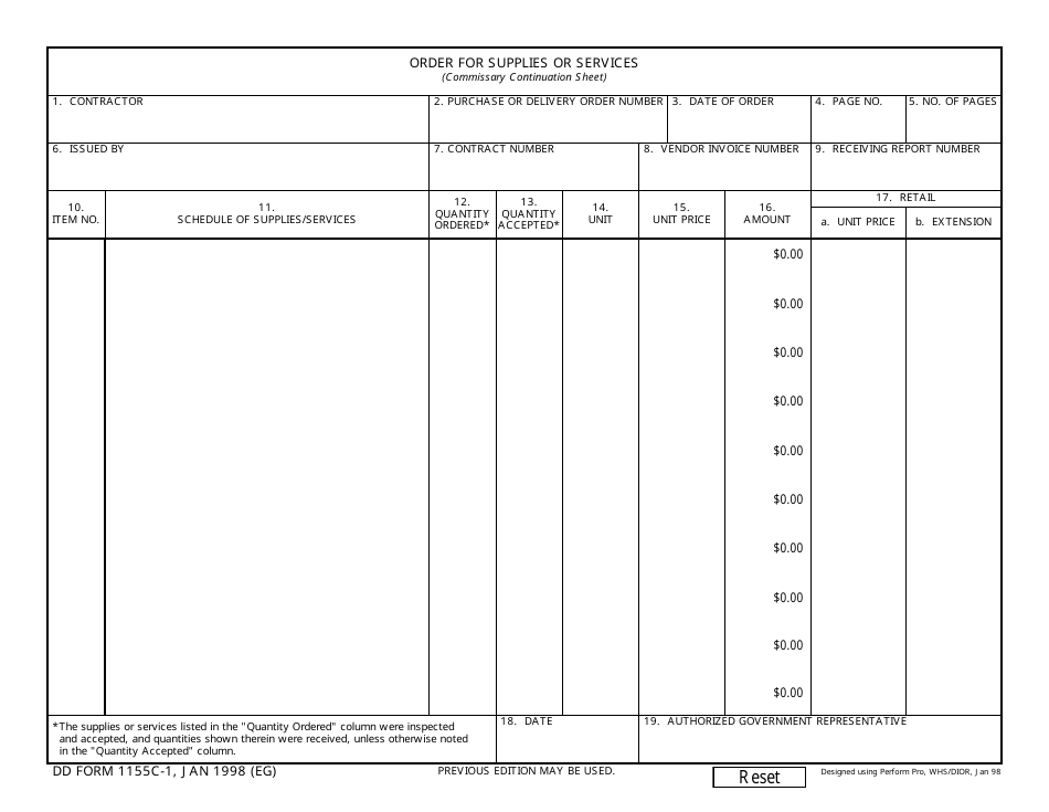 DD Form 1155C-1 Order for Supplies or Services, Page 1