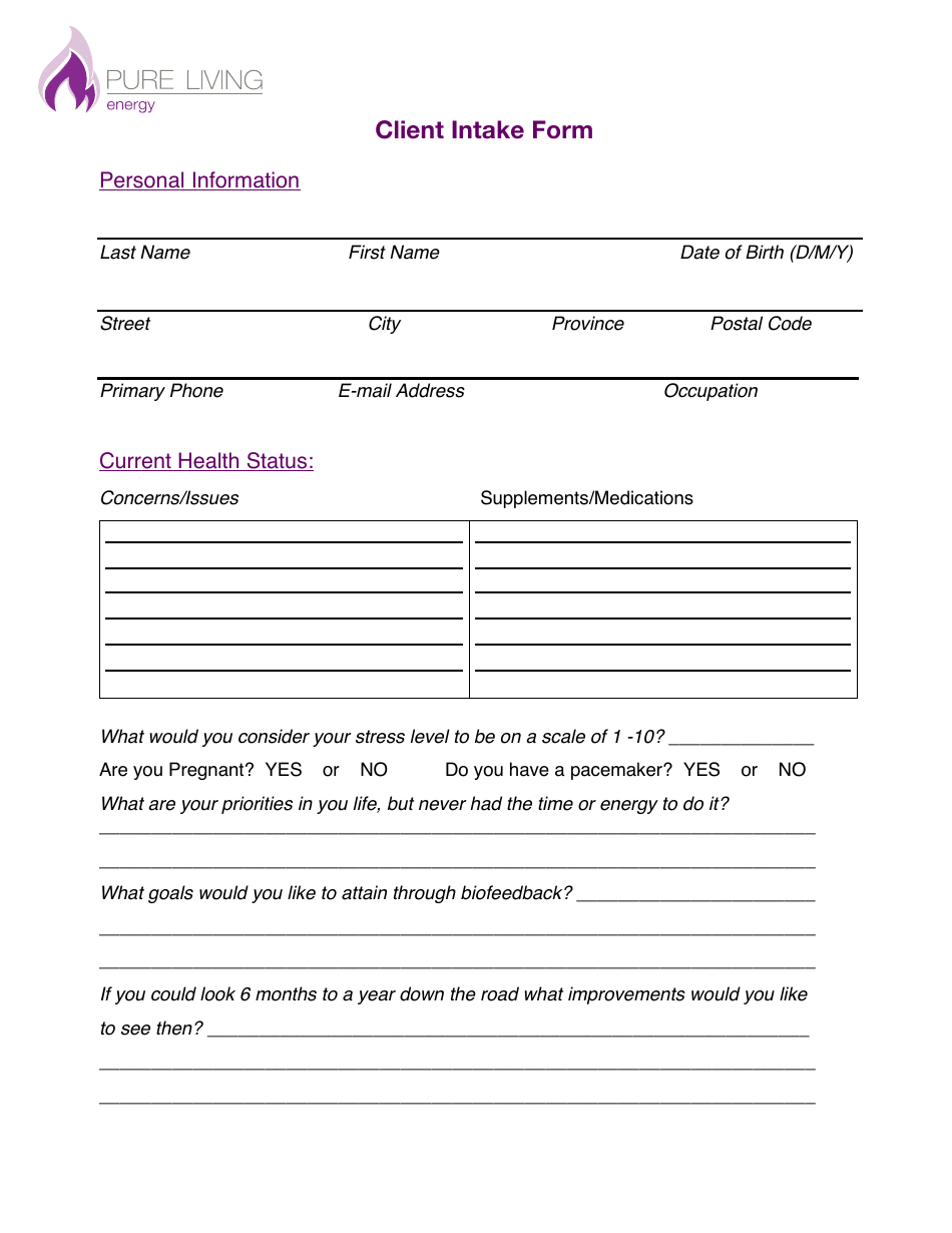 Biofeedback Training Client Intake Form Pure Living Energy Fill Out