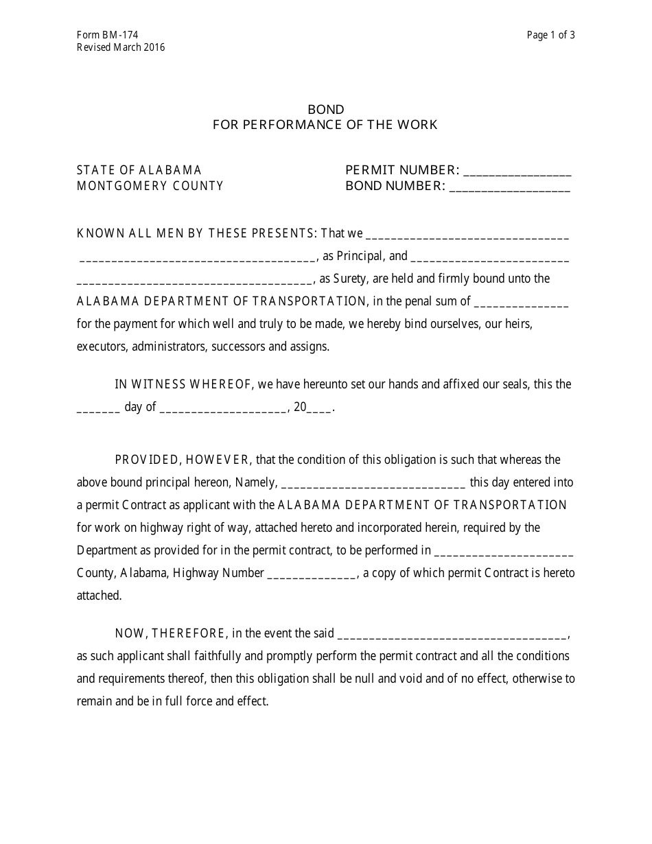 Form BM-174 Bond for Performance of the Work - Alabama, Page 1