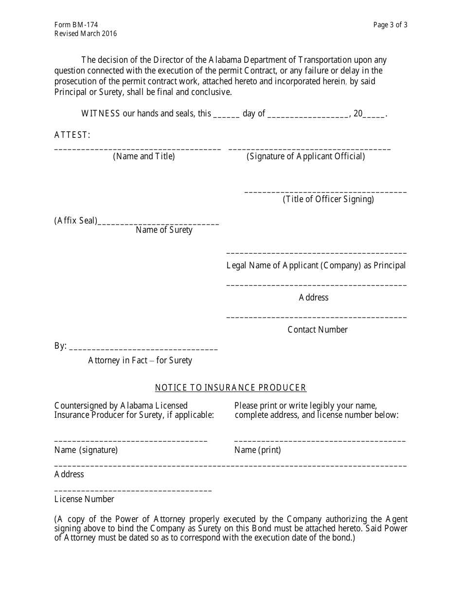 Form BM-174 Bond for Performance of the Work - Alabama, Page 3