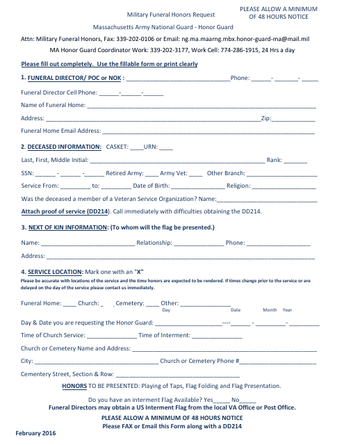Military Funeral Honors Request Form - Massachusetts