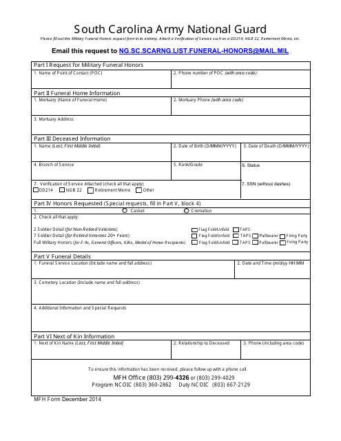 Request for Military Funeral Honors - South Carolina Download Pdf
