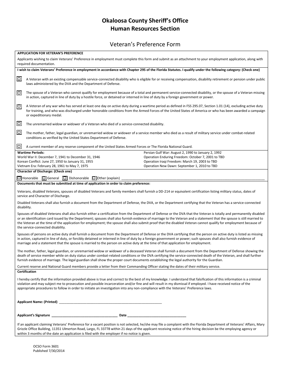 OCSO Form 3601 Veterans Preference Form - Okaloosa County, Florida, Page 1
