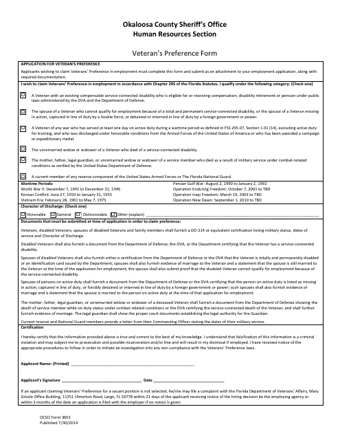 OCSO Form 3601 Veteran's Preference Form - Okaloosa County, Florida