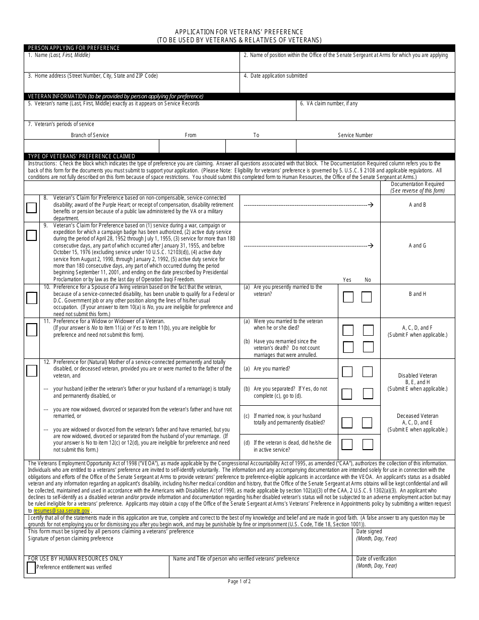 Application for Veterans Preference, Page 1