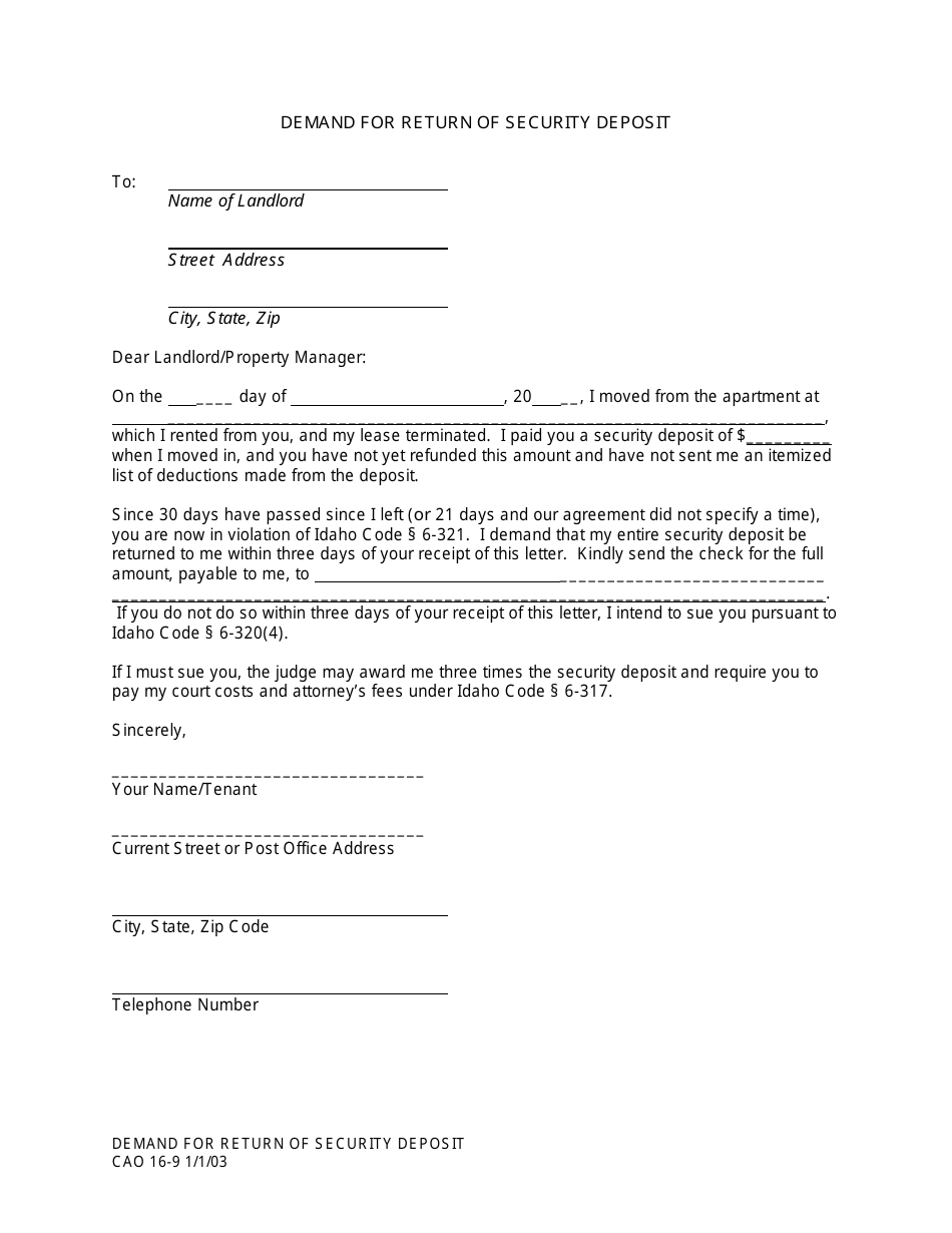 Form CAO16-9 Demand for Return of Security Deposit - Ada County, Idaho, Page 1