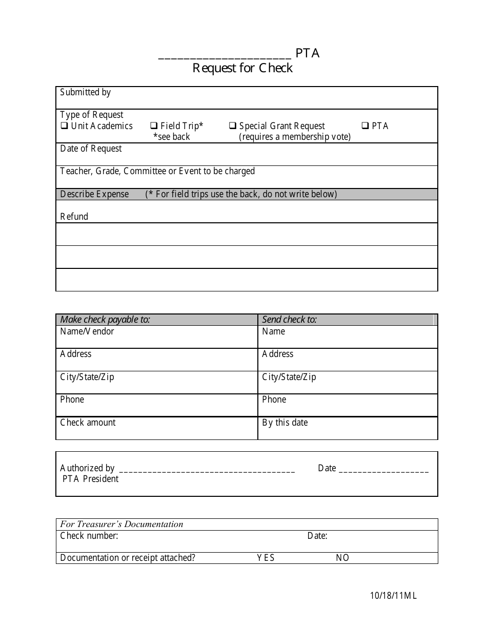 PTA Check Request Template - Blank Form for Requesting Checks from PTA funds