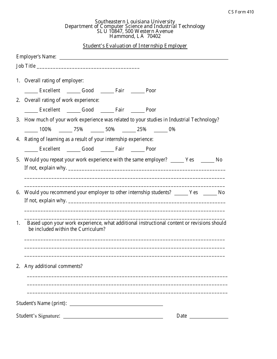 Students Evaluation of Internship Employer Form - Southeastern Louisiana University, Page 1