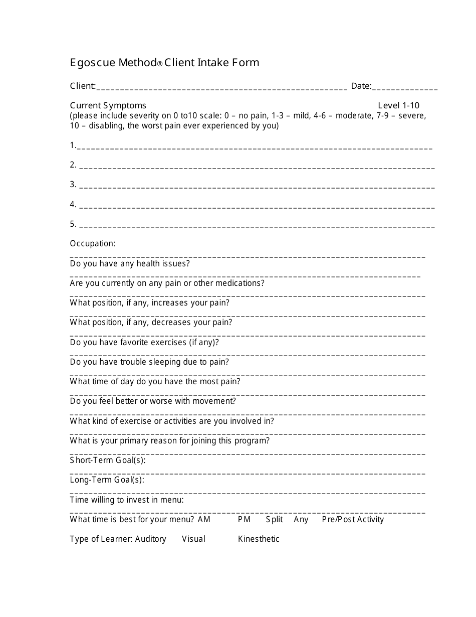 Egoscue Method Client Intake Form - Fill Out, Sign Online and Download ...