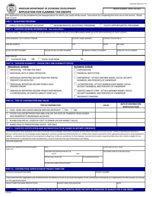 Form CDTC-770 Application for Claiming Tax Credits - Missouri