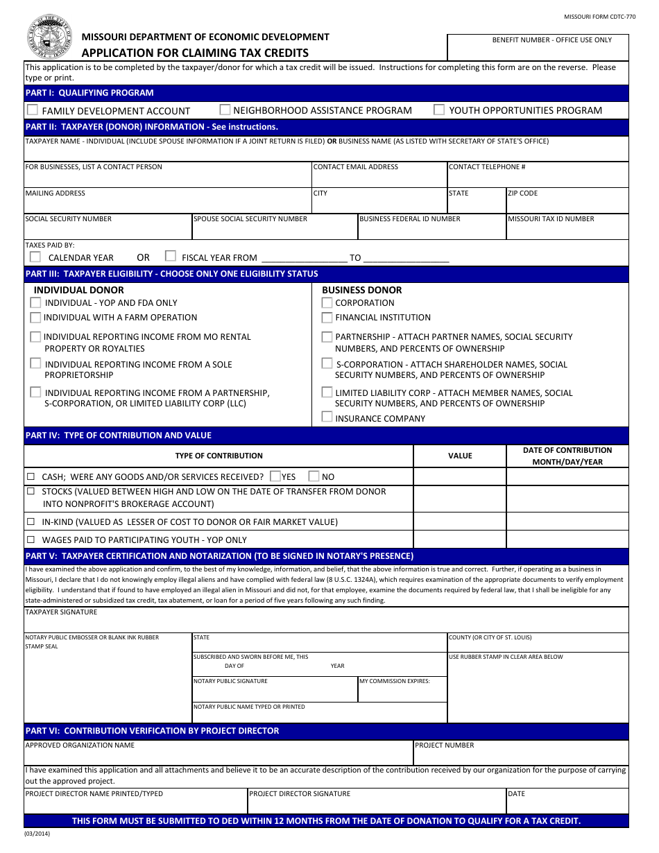 Form CDTC-770 Application for Claiming Tax Credits - Missouri, Page 1