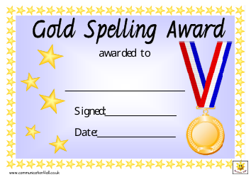 Document preview: Gold Spelling Award Certificate Template