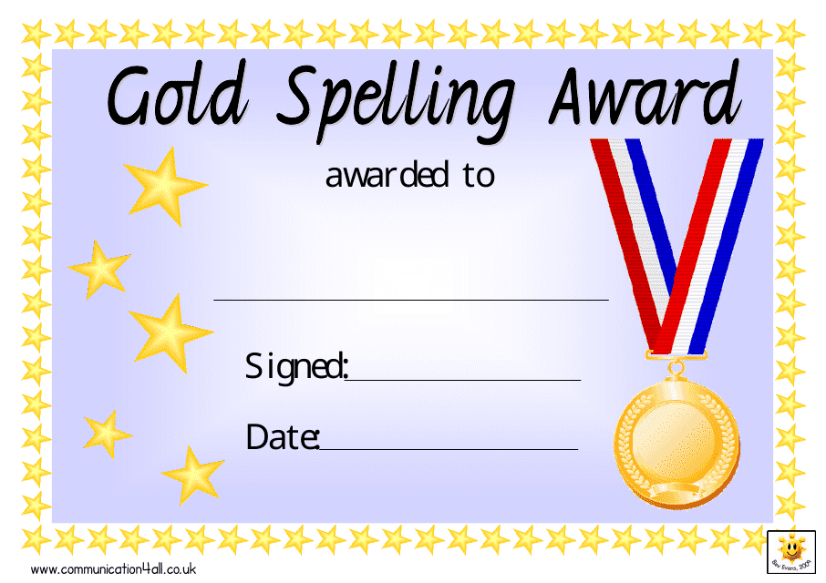 Gold Spelling Award Certificate Template Download Printable PDF Templateroller