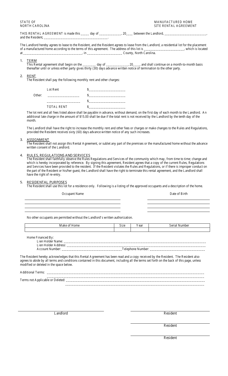 Manufactured Home Site Rental Agreement Template - North Carolina, Page 1