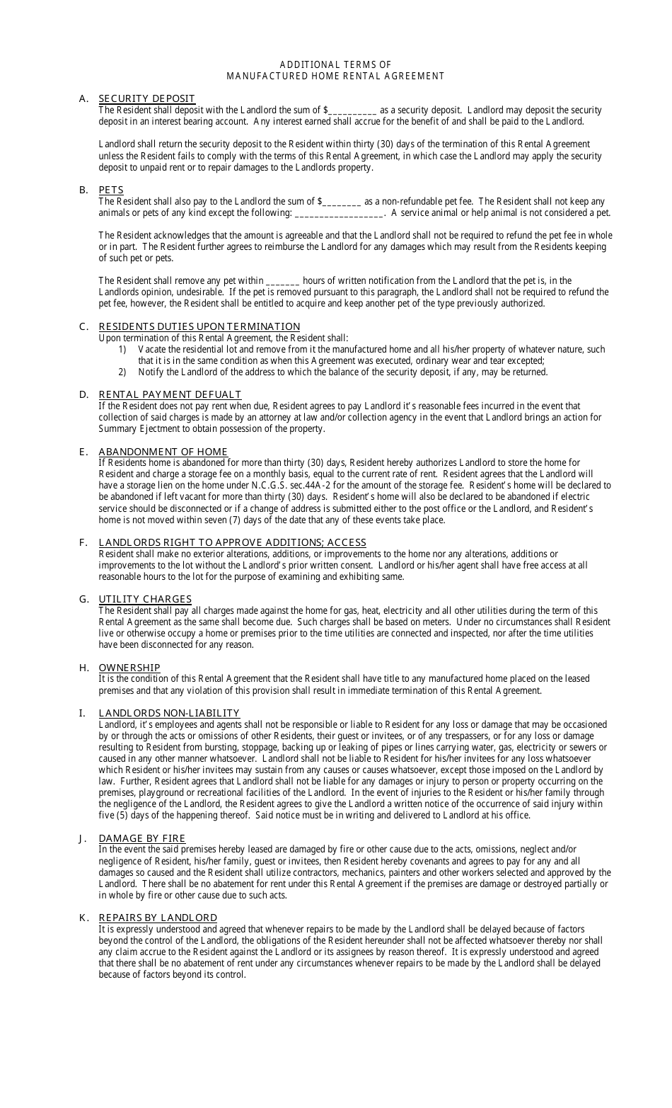 Manufactured Home Site Rental Agreement Template - North Carolina, Page 2