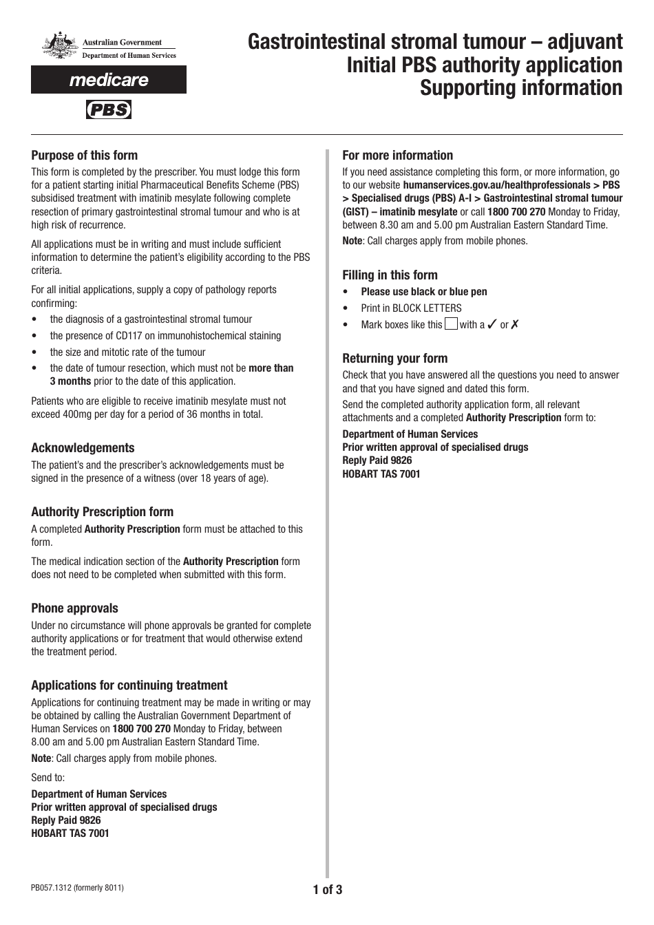 Form PB057.1312 Gastrointestinal Stromal Tumour - Adjuvant Initial Pbs Authority Application - Australia, Page 1