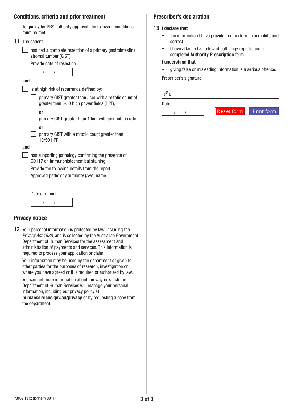 Form PB057.1312 Gastrointestinal Stromal Tumour - Adjuvant Initial Pbs Authority Application - Australia, Page 3