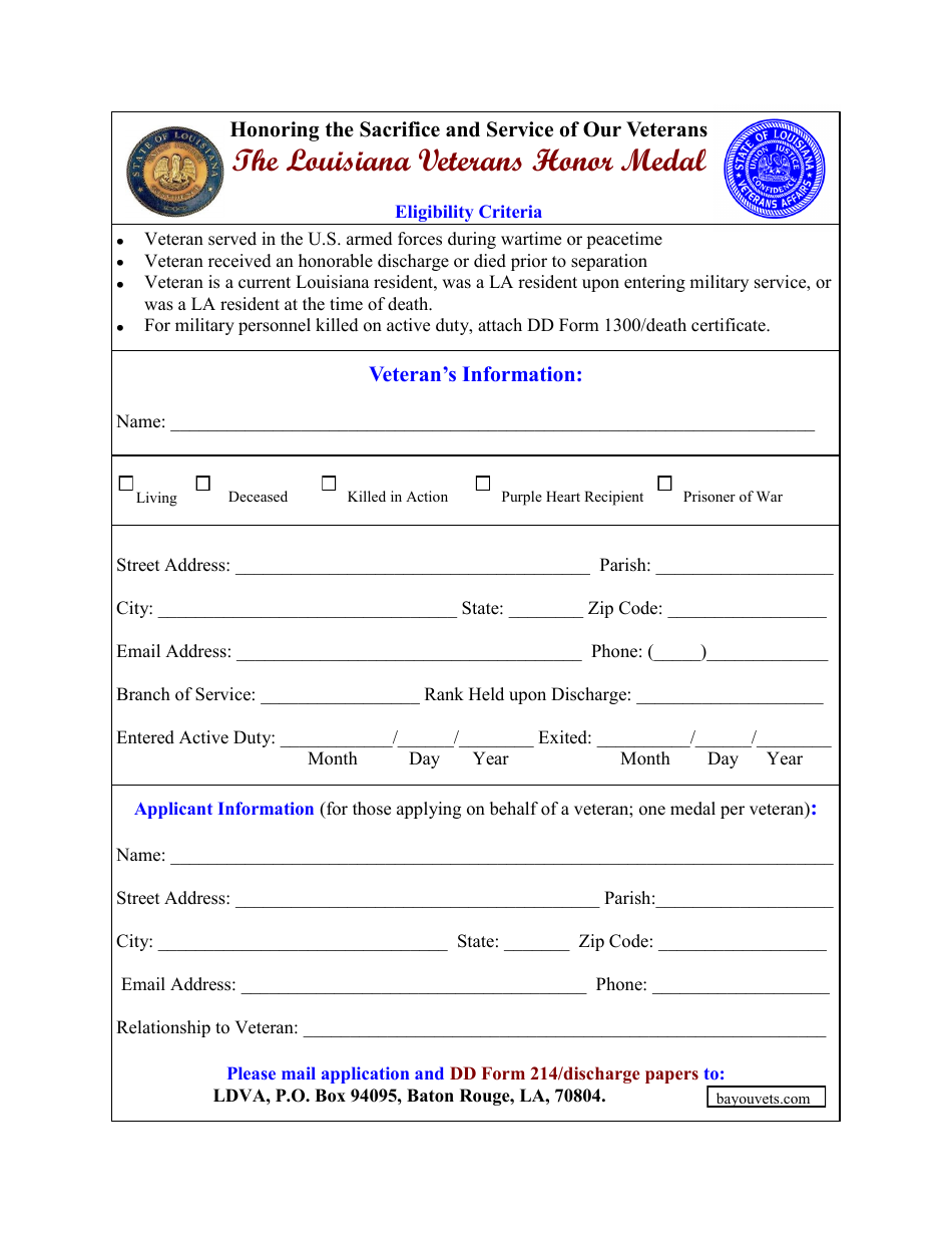 Veterans Honor Medal Application Form - Louisiana, Page 1