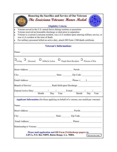 Veterans Honor Medal Application Form - Louisiana